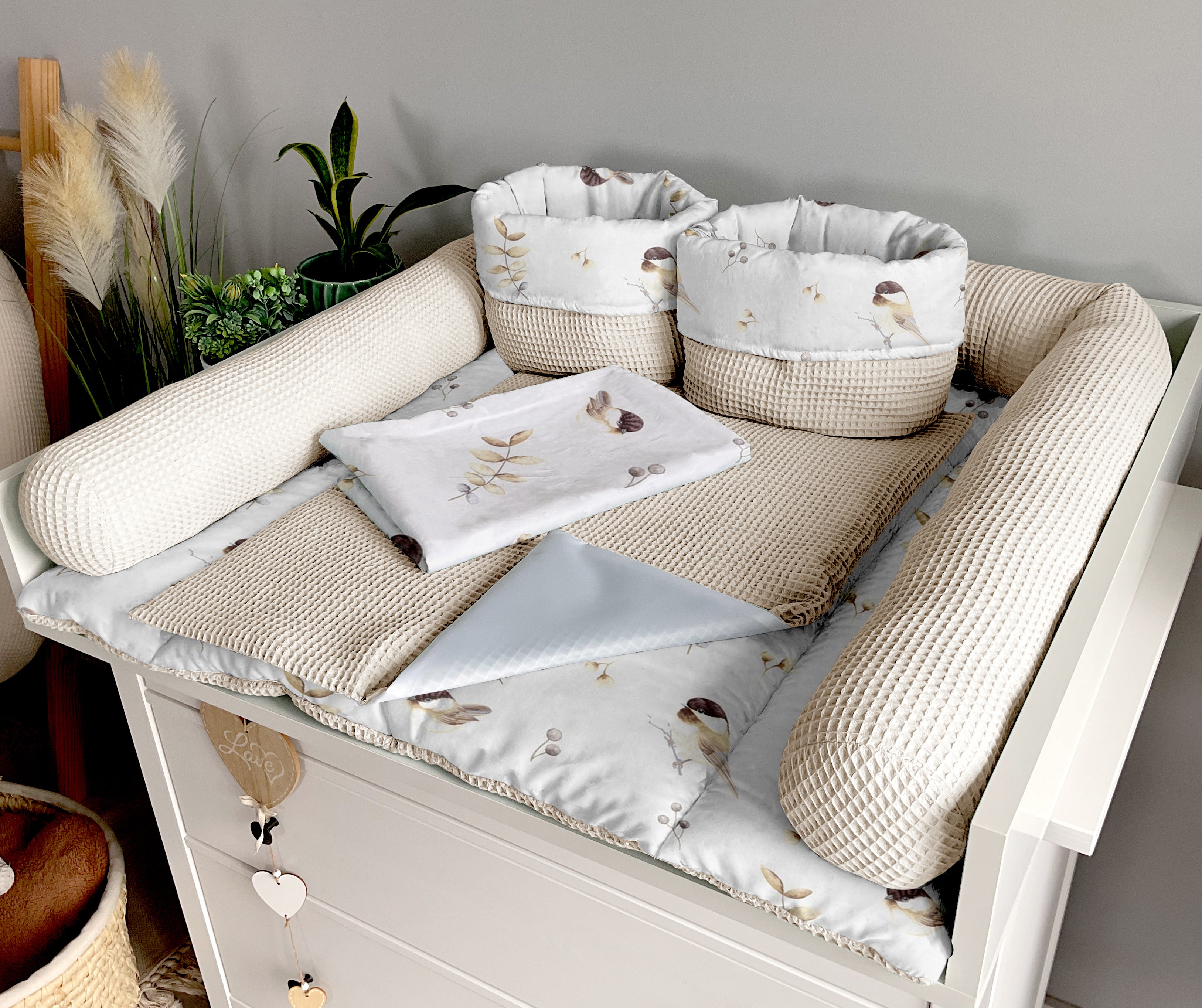 Changing mat | set of 6 elements | Birds and light beige