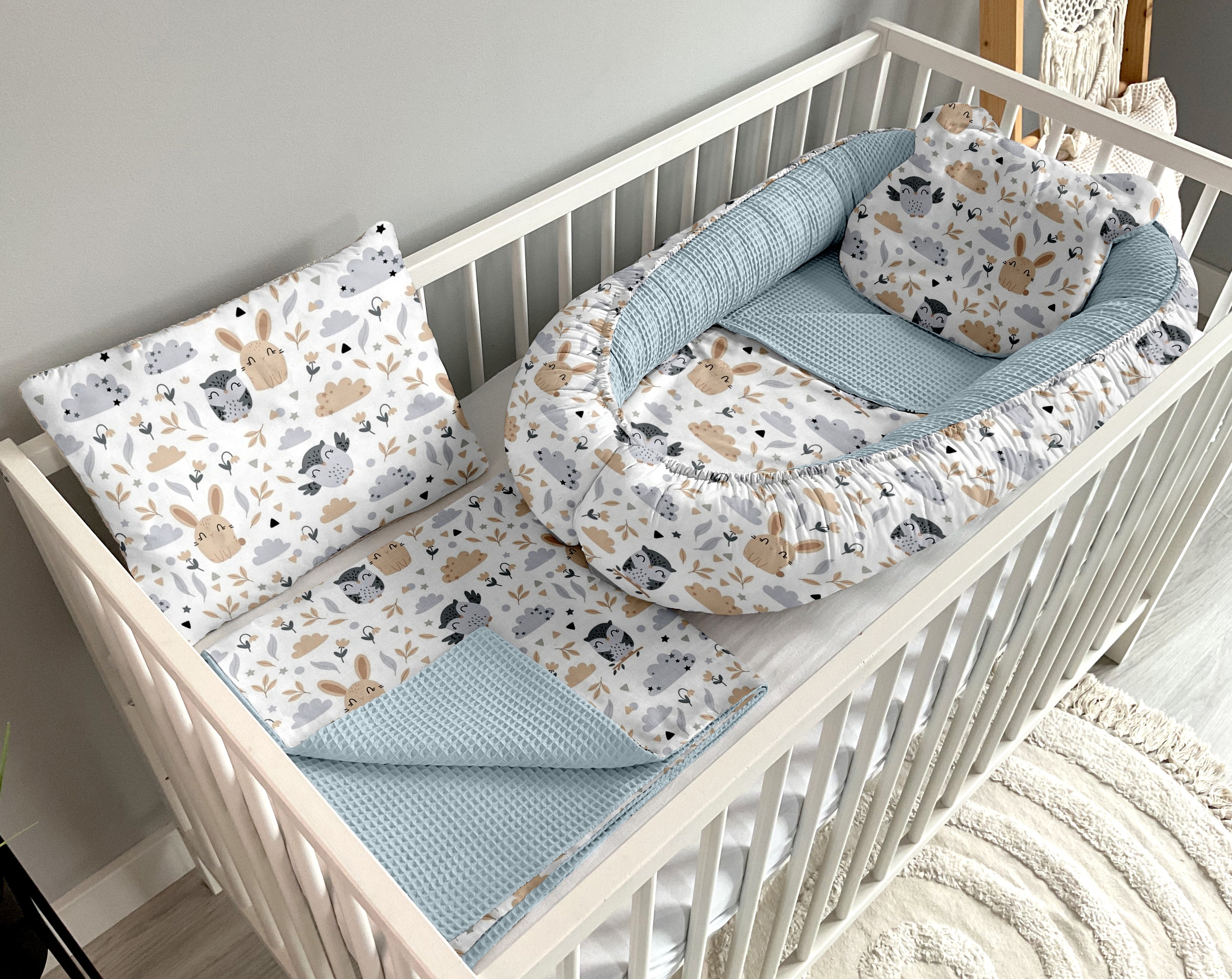 Babynestchen 5-teiliges Set | Eulen und Kaninchen und blau