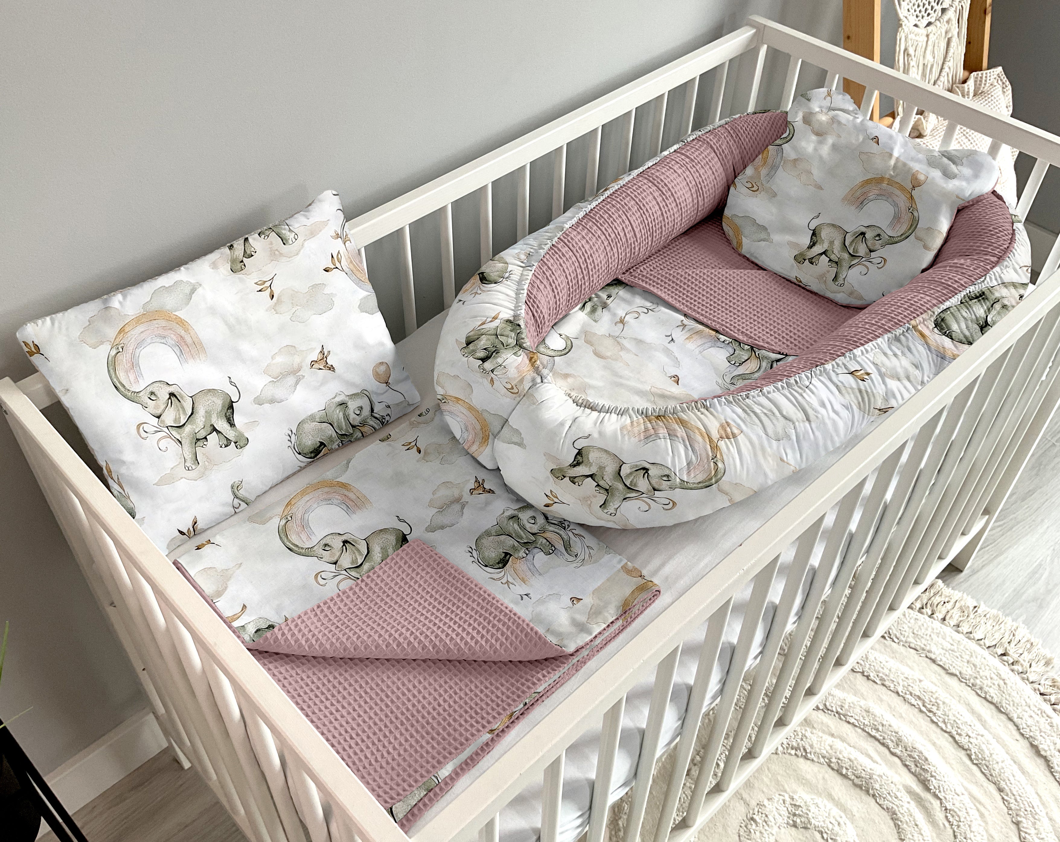 Babynestchen 5-teiliges Set | Beige Elefanten und schmutziges Pink