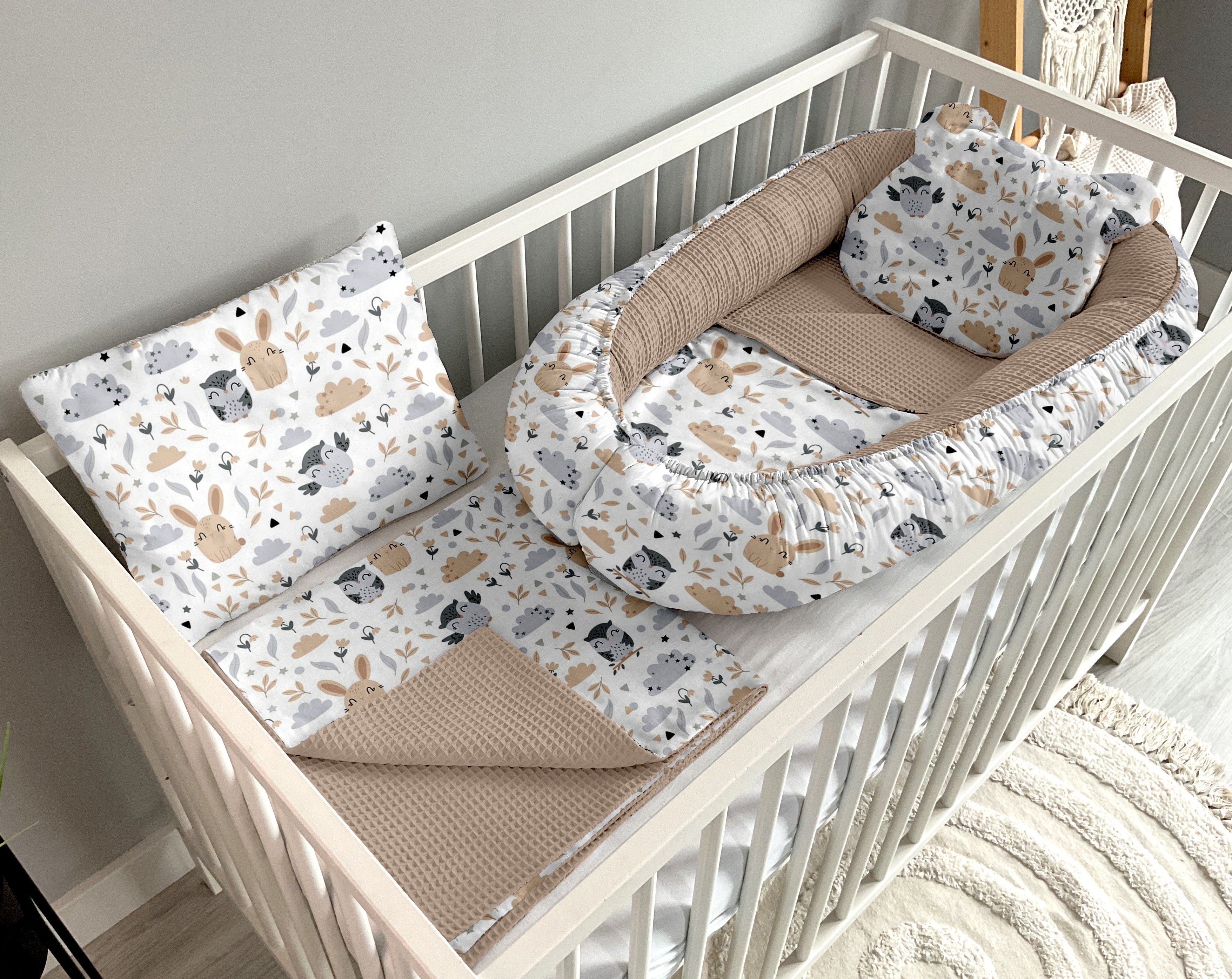 Babynestchen 5-teiliges Set | Eulen und Kaninchen und braun