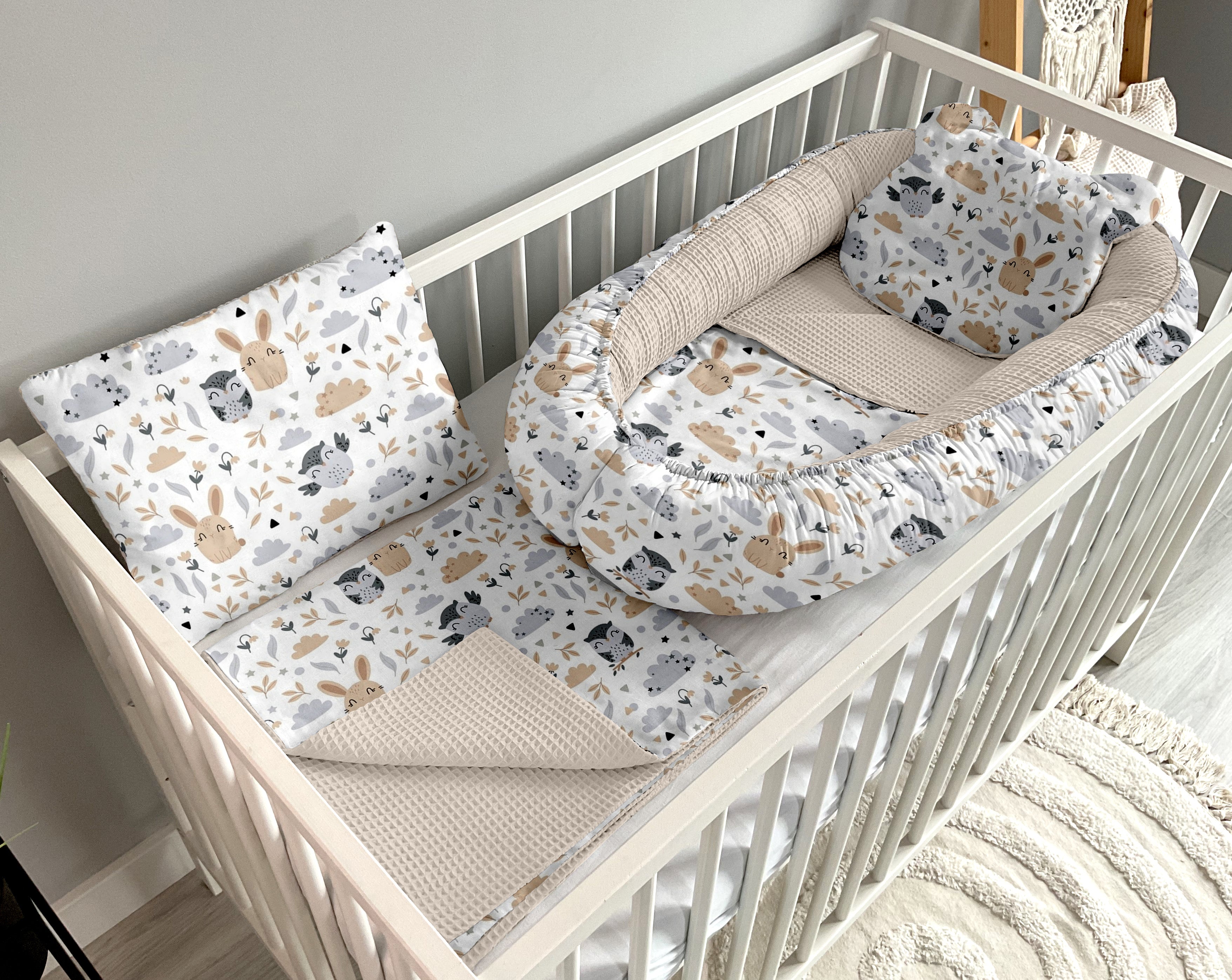 Babynest 5 piece set | Owls and rabbits and sand