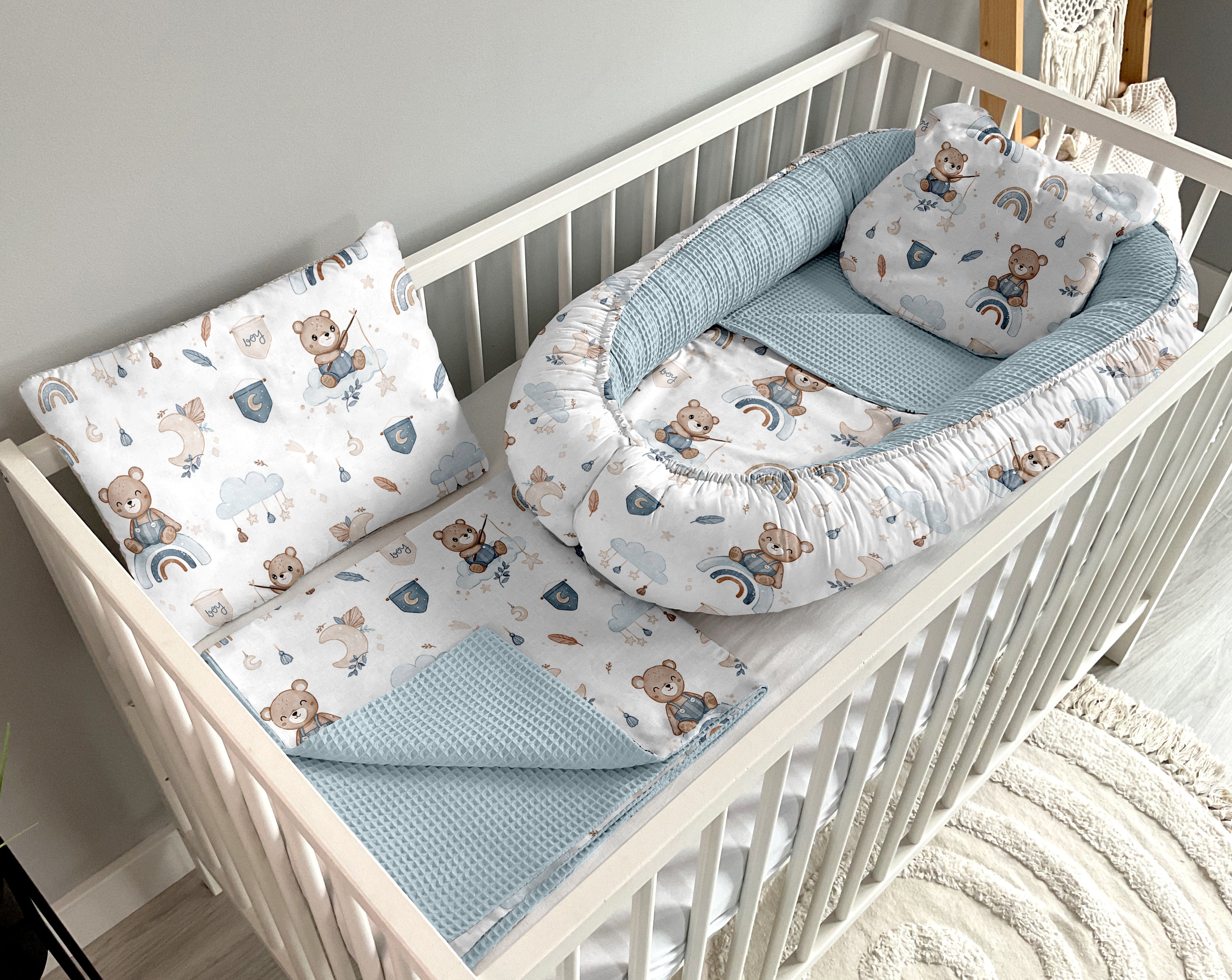 Babynestchen 5-teiliges Set | Träume von schläfrigen Bären und Blau [PREMIUM]