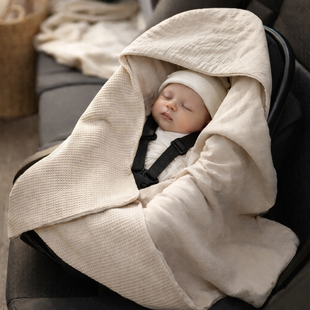 Summer baby car seat blanket | Waffle & muslin | Beige