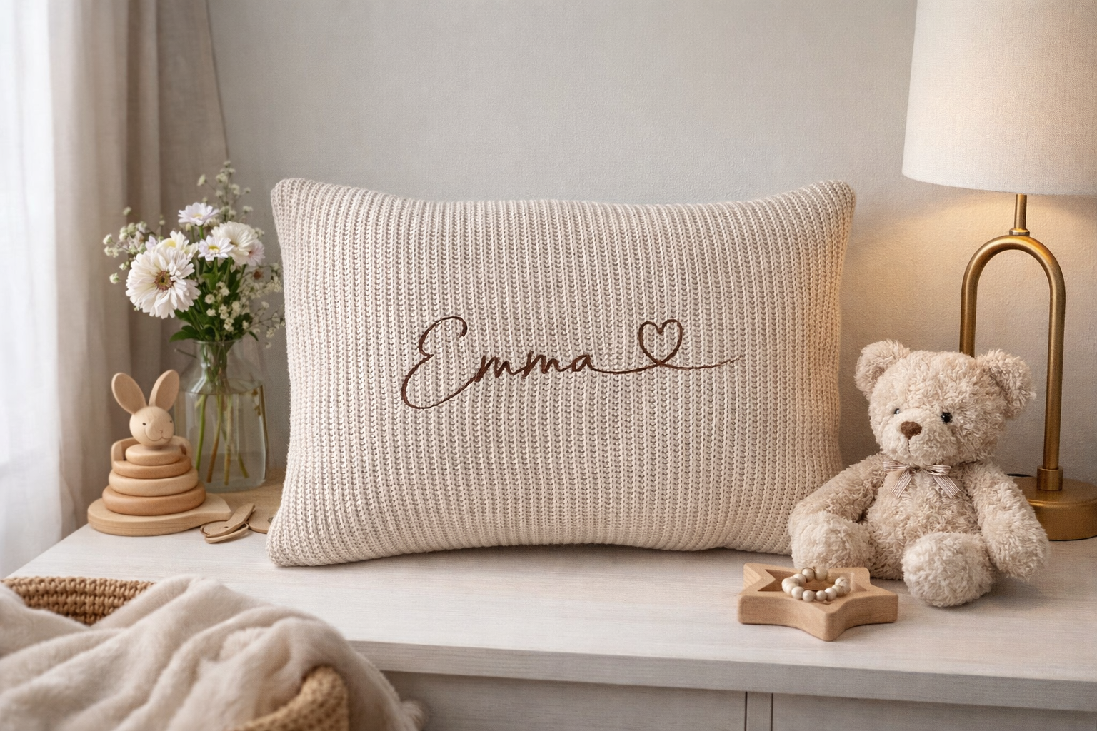 Knit pillow with a name for a child | Sand