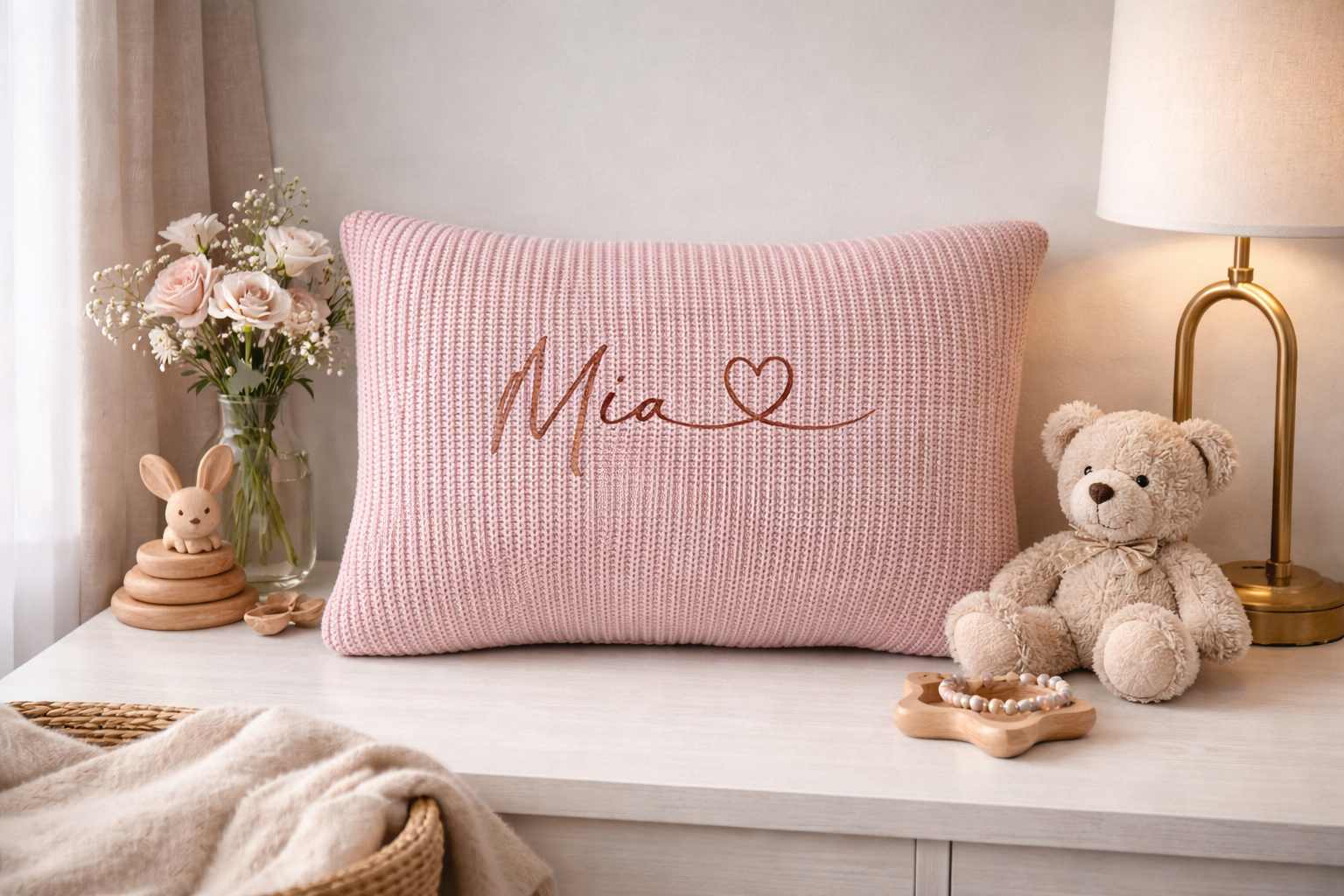 Knit pillow with a name for a child | Dirty pink