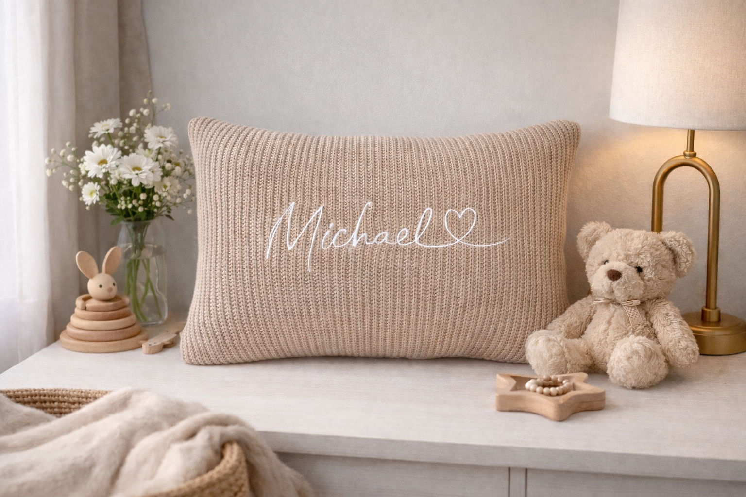 Knit pillow with a name for a child | Brown